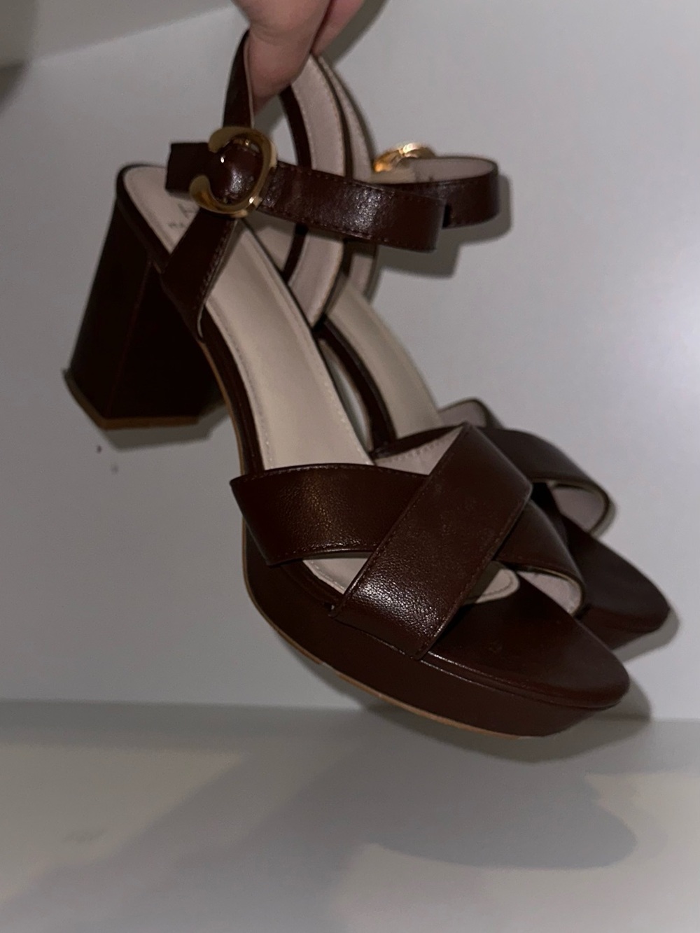 Halston Heritage Brown Leather Block Heel Sandals with Ankle Strap